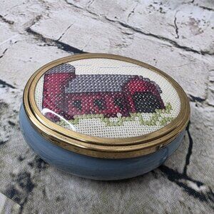 UK Framecraft Farm Barn Silo Trinket Box Oval Stitched Top Mini Vintage Appx 4x3